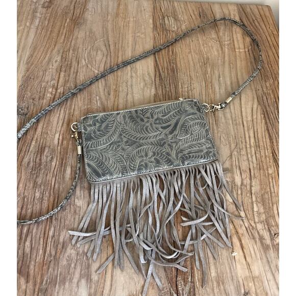 Free People Boho Festival Tooled Leather Fringe Crossbody Bagg Grey - Picture 2 of 4